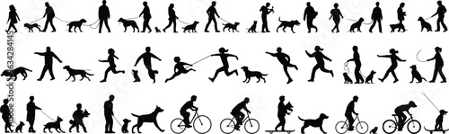 Silhouettes of people with dogs, walking, running, cycling, skateboarding, exercising, active lifestyle, outdoor pet activity, fitness, companionship