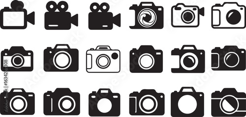 Set of black and white camera and video camera icons photography film camera