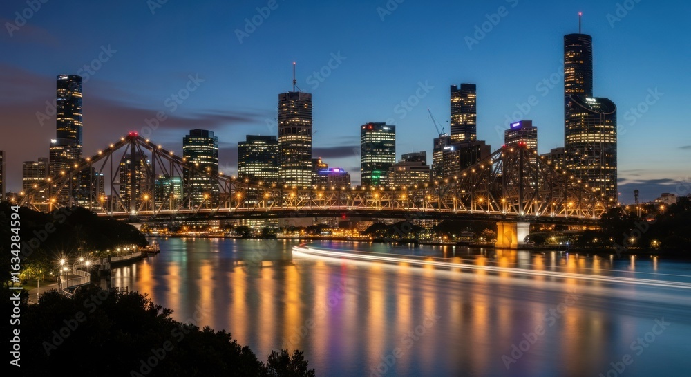 Naklejka premium Majestic brisbane skyline at twilight, story bridge illuminated over tranquil river reflections