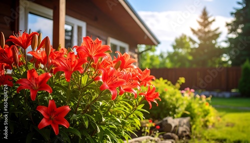 Vibrant Red Asiatic Lilies Bloom in a Lush Garden on a Sunny Day Near Home