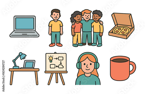 Startup Culture Icons. Flat vector mini-illustrations Startup office culture in colors children's