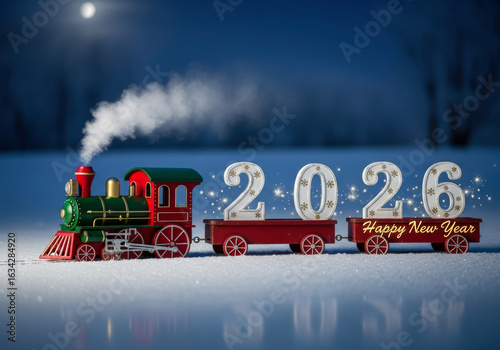 Christmas toy train carrying the glowing 2026 numbers, wishing a happy new year in a magical winter landscape