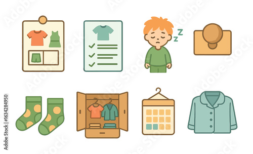 Children's Closet Routine. Flat vector mini-illustrations Morning closet routine in colors children's