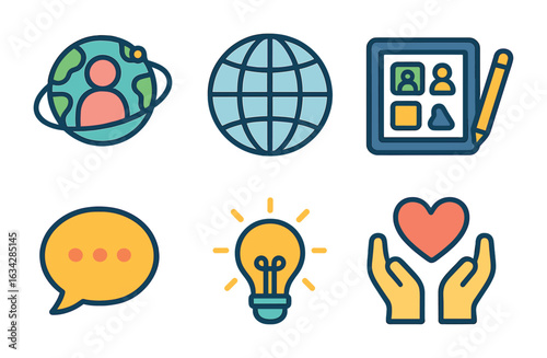 Global Design for Kids. Flat vector mini-illustrations Human-Centered Global Design in colors children's
