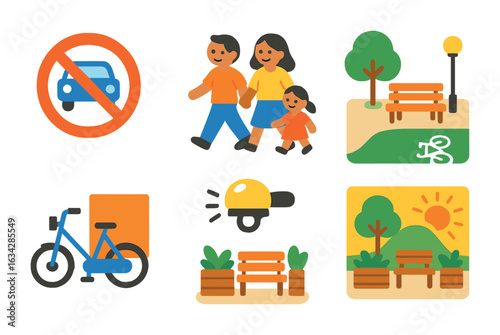 Car-Free Urban Icons. Flat vector mini-illustrations Car-free urban zones in colors children's illustrations: