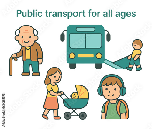 Inclusive Public Transport. Flat vector mini-illustrations Public transport for all ages in colors children's