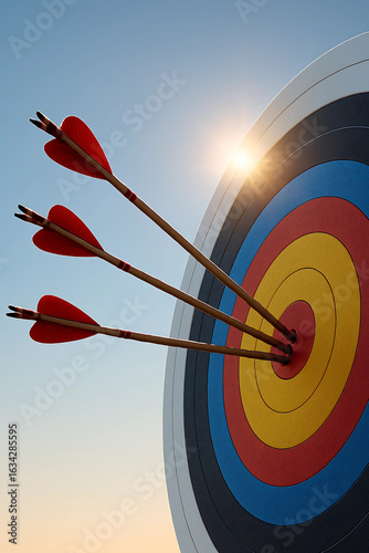 Three Arrows Piercing Bullseye on Vibrant Archery Target with Sunlit Sky Background