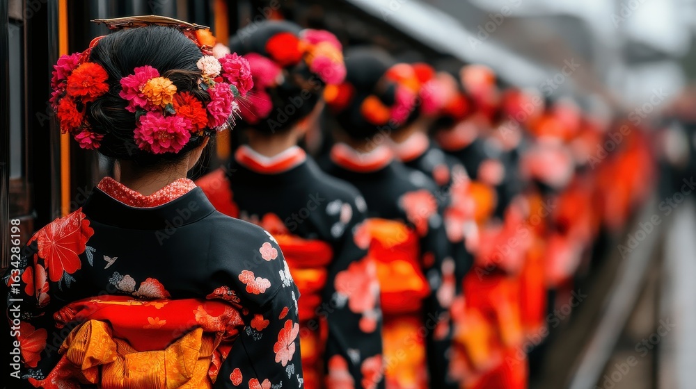 Naklejka premium Traditional Japanese Kimono Women Boarding Train with Floral Hairpieces