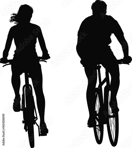 Silhouettes of two cyclists with different hairstyles pedaling forward on bicycles, front view capturing motion, teamwork, journey, and outdoor adventure