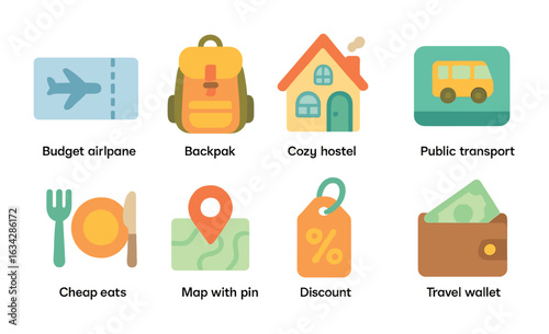 Budget Travel Icons. Flat vector mini-illustrations Budget travel and affordable destination ideas in colors
