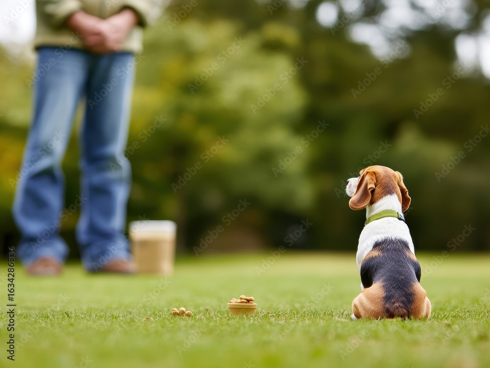 Fototapeta premium Beagle Dog Waiting for Owner in Green Park with Dog Treats Nearby
