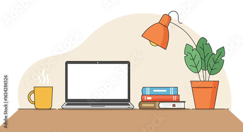 Modern Home Office Desk Illustration with Laptop and Coffee