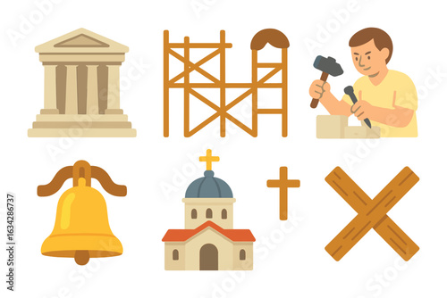 Temple Construction Icons. Flat vector mini-illustrations religious history and the construction of major