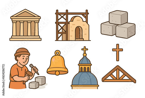 Temple Construction Icons. Flat vector mini-illustrations religious history and the construction of major