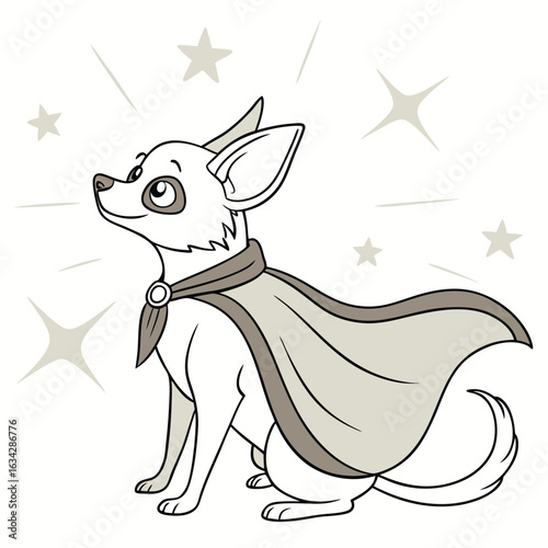 A Cute Cartoon Chihuahua Dog Dressed as a Superhero among Stars