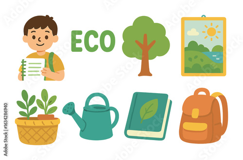 Eco Education Icons. Flat vector mini-illustrations eco-education event in colors children's illustrations: