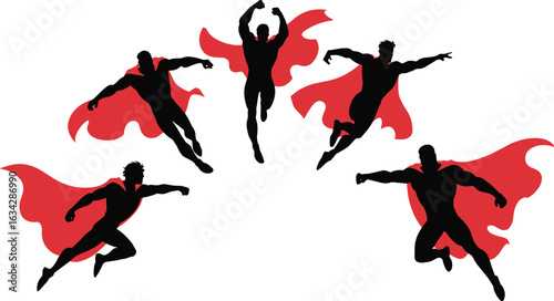 Superhero silhouettes in semi-circle formation with flowing red capes, dynamic poses emphasizing strength, unity, and iconic heroic motion