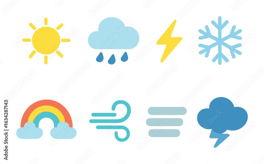 Obraz premium Colorful Weather Icons. Flat vector mini-illustrations Wilderness weather in colors children's illustrations: