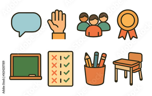 Class Participation Icons. Flat vector mini-illustrations Class participation tracker in colors children's