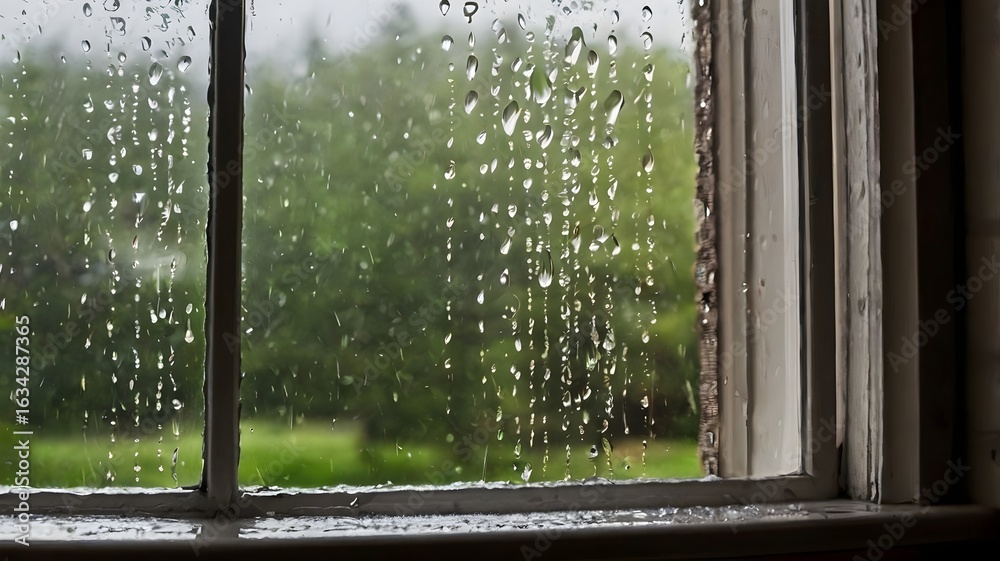 Naklejka premium A serene view through a window adorned with delicate raindrops, capturing the peaceful charm of rainy days and the soothing rhythm of falling rain outside