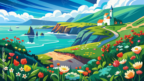 very Beautiful Irish coast with flowers