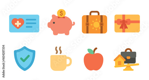 Employee Benefits Icons. Flat vector mini-illustrations Employee benefits in colors children's illustrations: