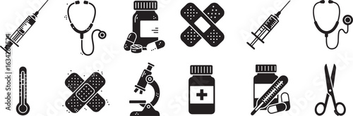 Vector art of set of medical and healthcare icons including syringe, stethoscope, pills, bandage, thermometer, microscope, and scissors isolated on white background