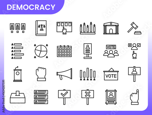 Democracy and election line art icons with various voting, government, and politics symbols for website design, social media content, and mobile app interface.