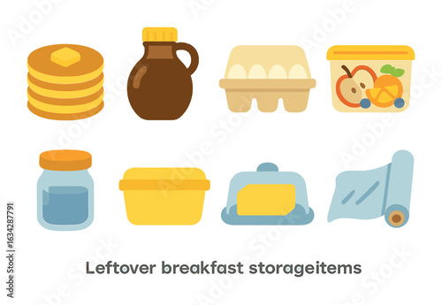 Breakfast Storage Icons. Flat vector mini-illustrations Leftover breakfast storage in colors children's