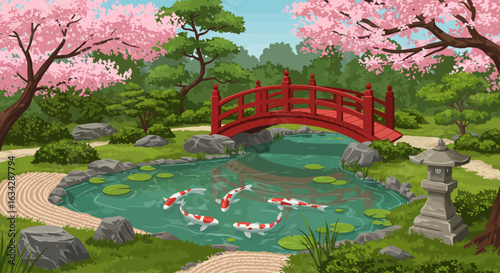 Japanese garden scene with red bridge, koi pond and cherry blossoms