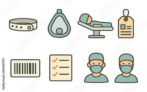 Surgical Kids' Icon Set. Flat vector mini-illustrations Surgical patient ID in colors children's illustrations