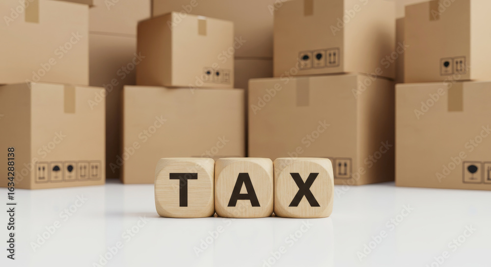 Obraz premium The word tax is laid out in wooden cubes on a white surface against the background of a large number of cardboard mail boxes