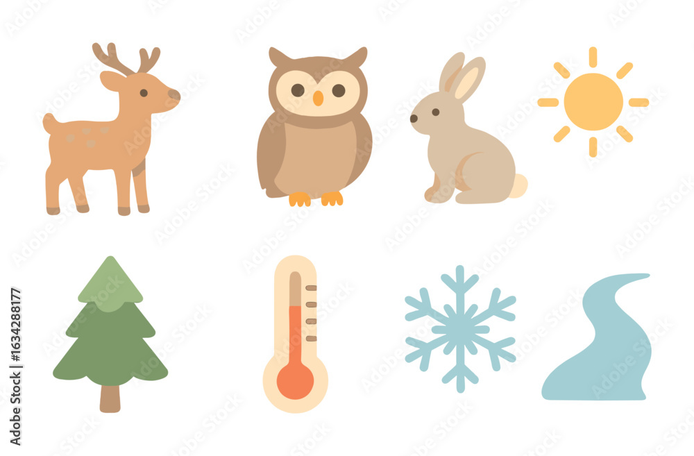 Naklejka premium Ecosystem Seasons Grid. Flat vector mini-illustrations Forest ecosystems and temperature shifts in colors