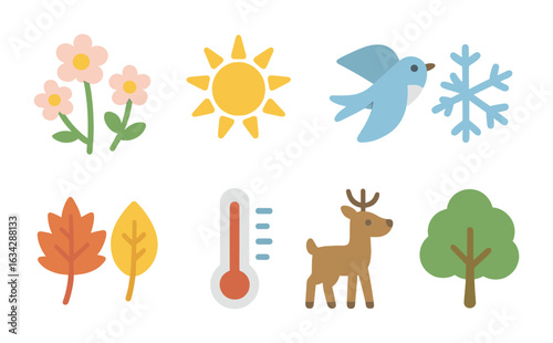 Seasonal Icons for Kids. Flat vector mini-illustrations Seasonal temperature changes in colors children's