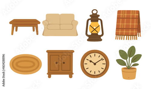 Rustic Living Room Icons. Flat vector mini-illustrations Rustic living room decor in colors children's