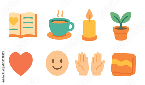Gratitude and Self-Care Icons. Flat vector mini-illustrations Gratitude and self-care in colors children's