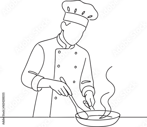 Chef Cooking in Kitchen Minimalist Line Drawing for Culinary Concepts