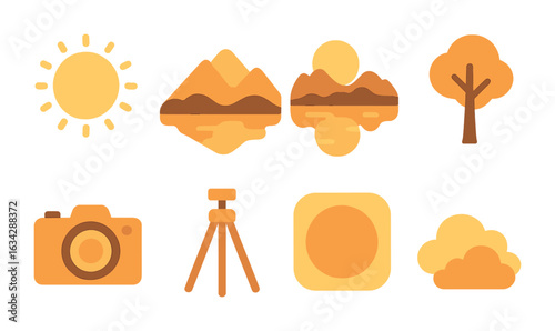 Golden Hour Landscapes. Flat vector mini-illustrations Golden hour landscapes in colors children's