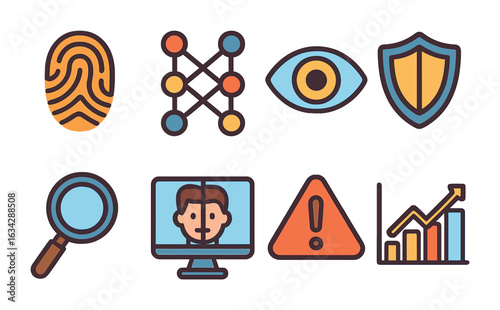 Deepfake Detection Icons. Flat vector mini-illustrations Deepfake detection methods in colors children's
