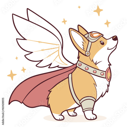 Adorable Cartoon Corgi Superhero with Wings Cape and Goggles Surrounded by Stars