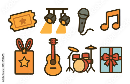 Concert Fun Icons. Flat vector mini-illustrations Concert and show gifts in colors children's illustrations: