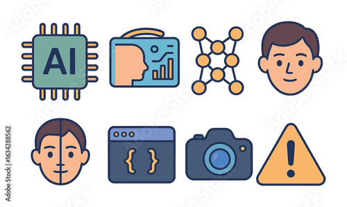 Future Deepfake Icons. Flat vector mini-illustrations Future of deepfake technology in colors children's