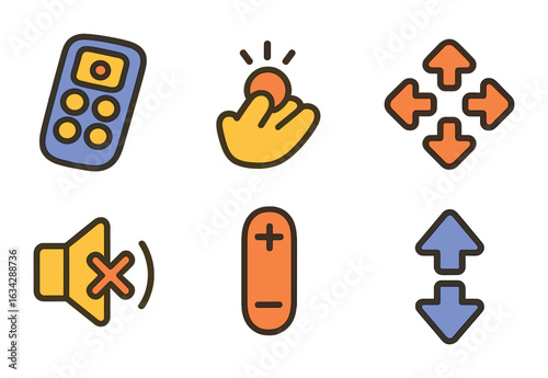 Colorful Remote Icons. Flat vector mini-illustrations Remote control usability in colors children's