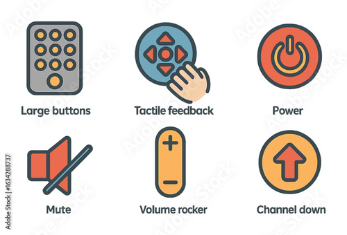 Colorful Remote Icons. Flat vector mini-illustrations Remote control usability in colors children's