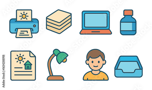 Home Printing Essentials. Flat vector mini-illustrations Printing assignments at home in colors children's