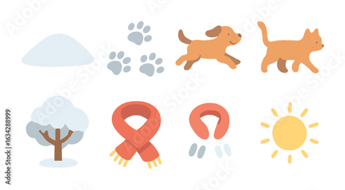 Winter Pets Adventure. Flat vector mini-illustrations Pets and snowy landscapes in colors children's