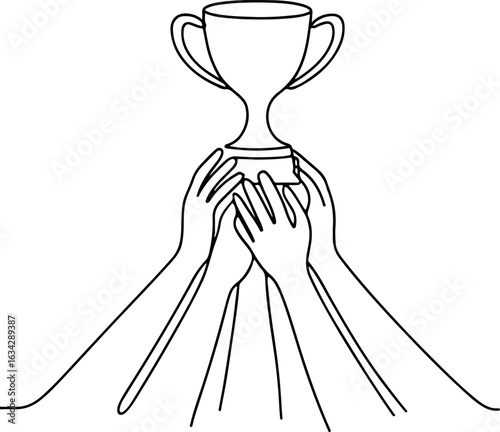 Trophy Held by Multiple Hands One Line Drawing Representing Teamwork