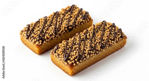 Two rectangular pastries topped with chocolate drizzle and chopped nuts