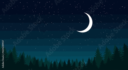 Crescent moon shining in a starry night sky over a tranquil forest