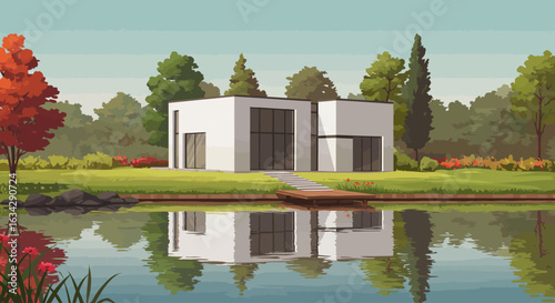 Stylized digital art of a modern house on a tranquil lakeside landscape